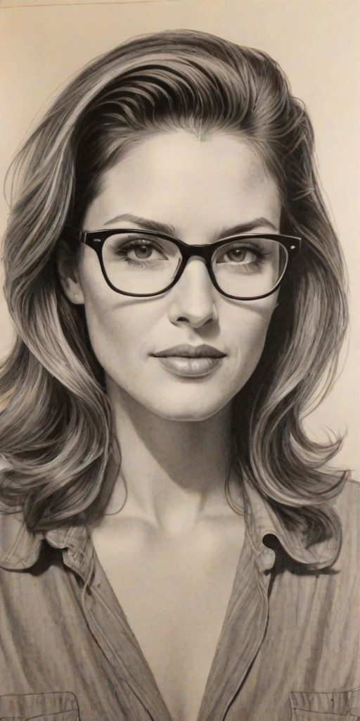 Stunning Jill Wagner, pencil sketch, portrait of Sublime woman 1953s in glasses, hair style beatnik, outline, clear lines, fine lines, 8k