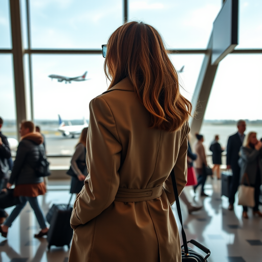 Bustling airport terminal, with people hurrying to their gates, a woman in a stylish trench coat stands by a large window, watching planes take off as she waits for her boarding call.