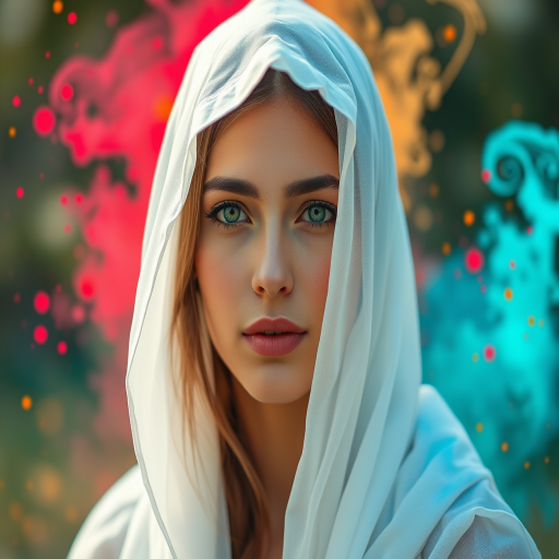 Create a high-resolution portrait of a woman wearing a translucent white hooded cloak, with vibrant splashes of color around her, using a soft focus lens, 50mm f/1.4, natural lighting, and a shallow depth of field to enhance the ethereal quality of the scene.