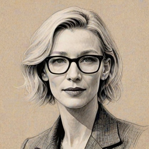 Fetching Cate Blanchett, pencil sketch, portrait of Splendid woman 1925s in glasses, hair style beatnik, outline, clear lines, fine lines, 8k