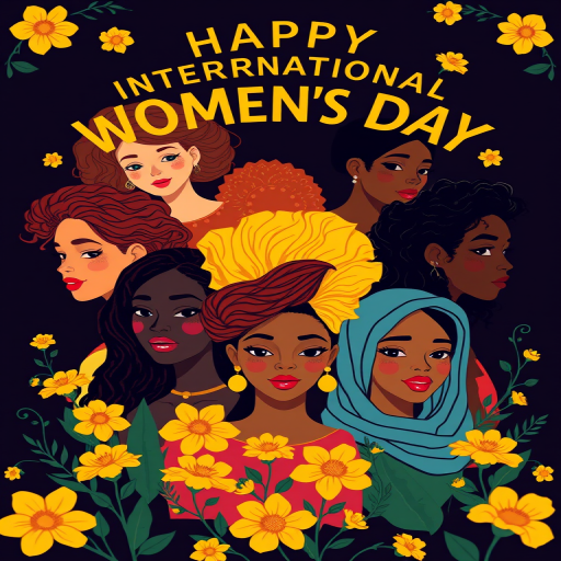 Create a vibrant digital illustration celebrating International Women's Day featuring five diverse women with unique hairstyles and expressions, surrounded by yellow flowers and green foliage, set against a dark background, captured with a Canon EOS R5, 85mm f/1.4 lens, aperture f/2.8, ISO 200, in a soft focus style to emphasize the subjects.