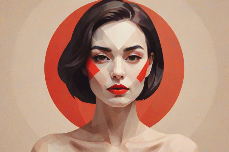 create a minimalist portrait of a woman with a geometric face, bold red circle in the background, soft muted colors, flat design style
