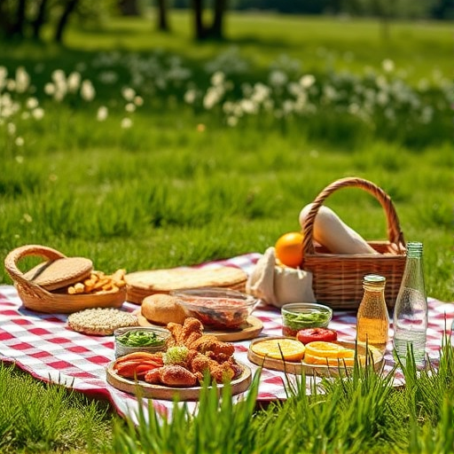 Create an image of a beautifully arranged outdoor picnic scene on a sunny day with vibrant green grass, a checkered blanket, and a variety of delicious food spread, taken with a DSLR camera in a shallow depth of field at f/2.8, ISO 100, and a 50mm lens, using a warm color palette and natural light to enhance the inviting atmosphere.