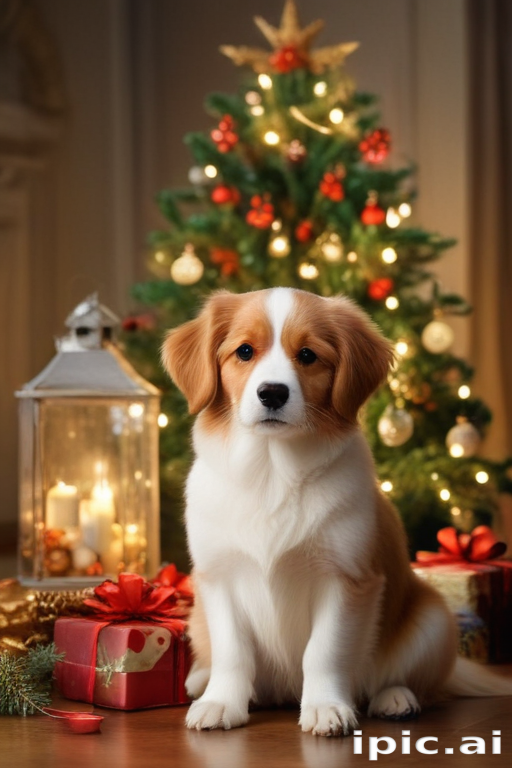 Adorable Puppy Sitting in Front of a Beautifully Decorated Christmas Tree.