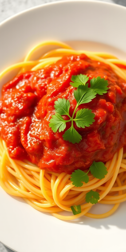 Create a vibrant illustration of a plate of spaghetti with a rich red tomato sauce and a sprig of cilantro on top, using a DSLR camera with a 50mm lens, f/2.8 aperture, and natural lighting for enhanced color saturation and depth.