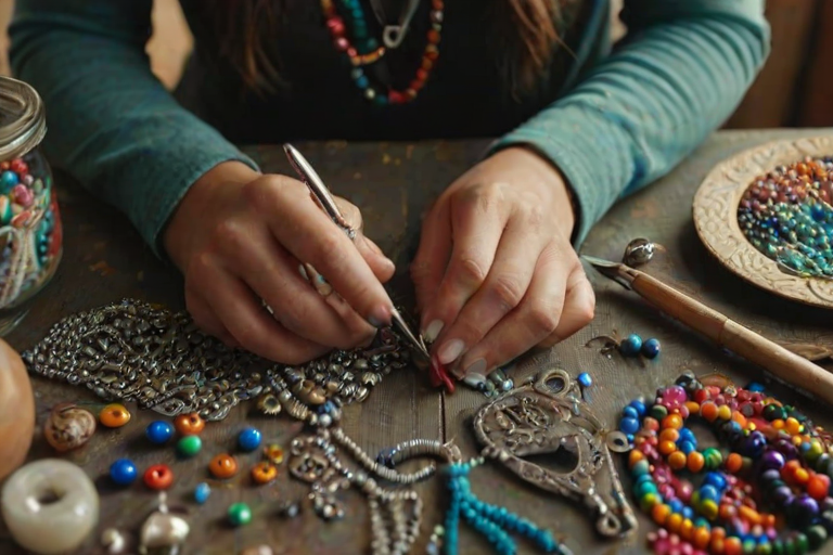 Close-up of a woman’s hands crafting jewelry, surrounded by colorful beads and tools, soft light highlighting her focused expression and the intricate details of her work.