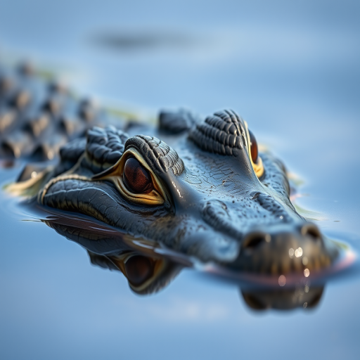 A close-up shot of an alligator's head partially submerged in calm water, with focus on its eyes and texture, using a Canon EOS R5 camera, 85mm lens, f/2.8 aperture, ISO 100, shutter speed 1/200s, natural lighting, shallow depth of field.