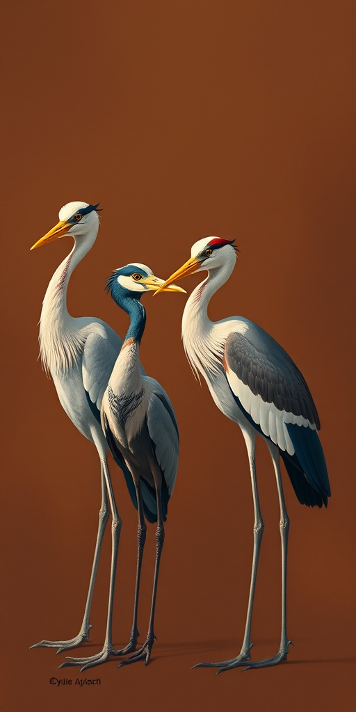 Create an illustration of four stylized birds resembling herons and cranes, with distinct colors and patterns, set against a rich brown background, captured in high resolution with a Canon EOS R5, 85mm f/1.2 lens, natural lighting, and a shallow depth of field for a vivid and detailed appearance.