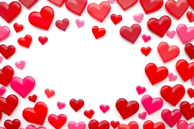 Create a vibrant heart-shaped pattern filled with various sizes of red and pink hearts on a white background, shot with a DSLR camera at f/2.8 aperture, ISO 100, 50mm lens, in a close-up view for enhanced detail and clarity.