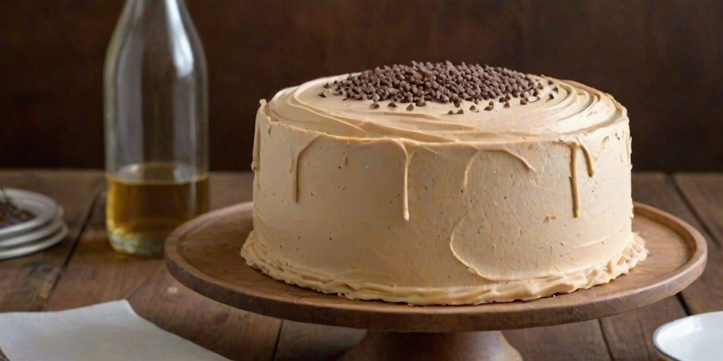 Create an image of a round cake with a smooth, light brown buttercream frosting. The cake should have a decorative border of chocolate sprinkles along the bottom and be topped with swirls of frosting around the edge. Place the cake on a white cake stand, and use a rustic wooden background to enhance the presentation. Add a hint of a bottle of liqueur in the background for context.