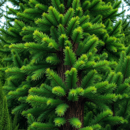 create a highly detailed illustration of a tall evergreen tree with lush green foliage and a textured brown trunk, using a DSLR camera with a 50mm lens, aperture set to f/2.8, ISO 100, and a shallow depth of field for a clear background, emphasizing vibrant colors and realistic shading in a natural setting.
