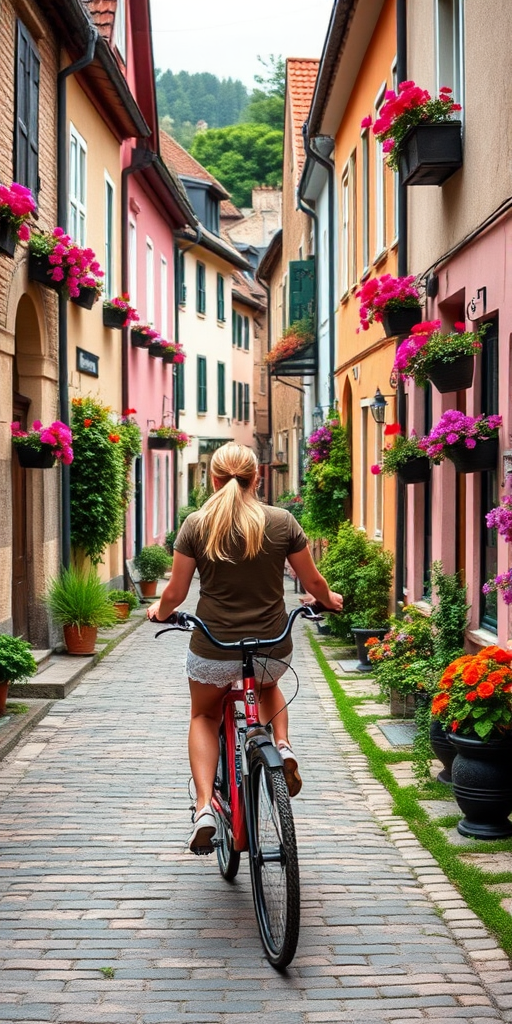 Woman on a bicycle riding through a small, charming village, cobblestone streets lined with colorful houses and flower boxes bursting with blooms.