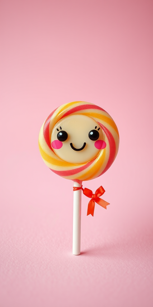 Cute cartoon candy and lollipop with a smiling face on a pastel pink background, shot with a Canon EOS R5 at f/2.8, 50mm lens, soft focus style, natural light.