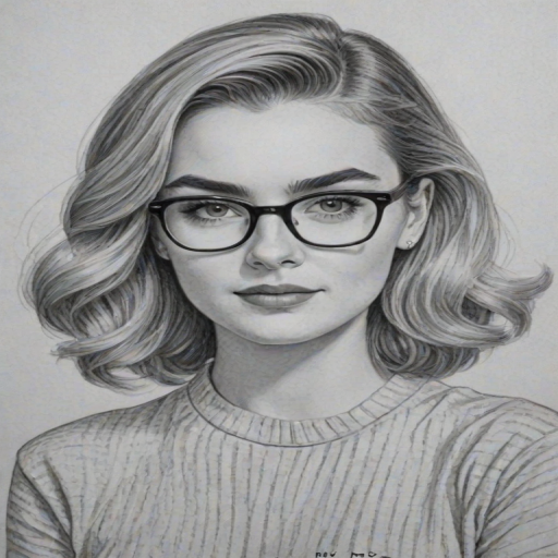Ravishing Meg Donnelly, pencil sketch, portrait of Comely woman 1956s in glasses, hair style beatnik, outline, clear lines, fine lines, 8k