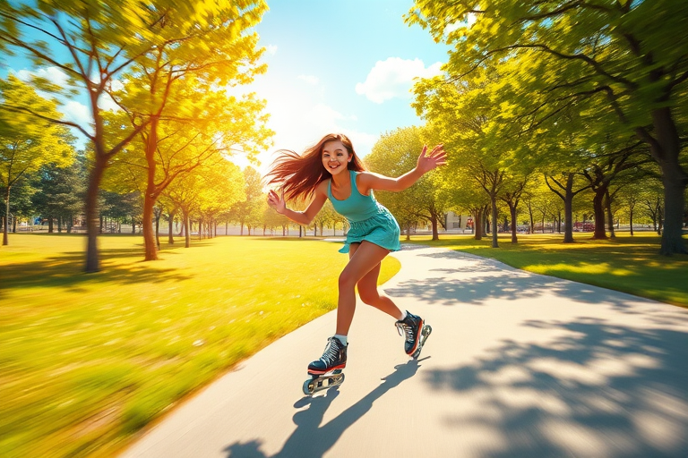 Create a vibrant and dynamic animated scene of a young woman rollerblading joyfully on a winding path in a sunny park, with lush green trees and a beautiful sky in the background, using a digital art style, high resolution 4K, shot from a low angle perspective to emphasize motion, with bright colors and sharp details.