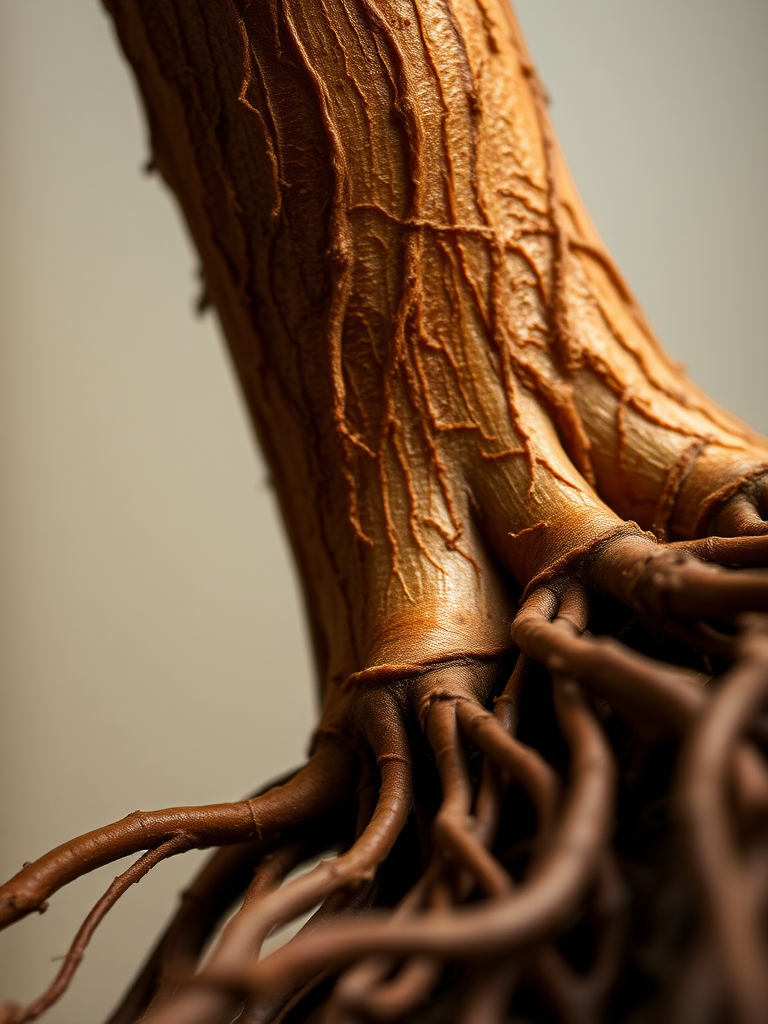 Regenerate the image of a brown root-like structure with fine details and texture, set against a soft gradient background, using a DSLR camera with a 50mm lens, f/2.8 aperture, ISO 100, 1/200 sec shutter speed, captured from a low angle with a shallow depth of field to emphasize detail and enhance image quality.
