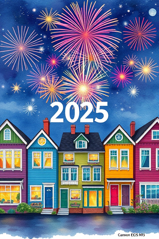 Create a vibrant illustration of colorful houses in a row with fireworks lighting up the night sky above, featuring a bold "2025" in the center, using a Canon EOS R5 with a 24-70mm lens at f/8, ISO 200, and a focal length of 50mm in landscape orientation with a watercolor style.