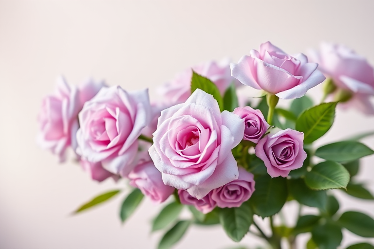 Create a high-resolution image of a cluster of lavender roses with lush green leaves against a soft gradient background, using a DSLR camera, f/2.8 aperture, 50mm lens, and a shallow depth of field to enhance detail and focus on the flowers.