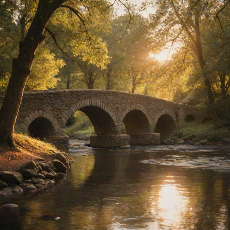 Soft-focus image of an ancient stone bridge arching over a serene river, with soft golden light from the setting sun casting a warm glow on the water and surrounding trees.