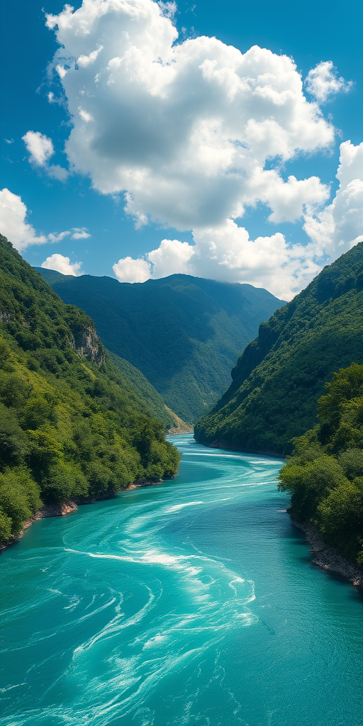 generate a vibrant landscape of a tranquil river surrounded by lush green mountains under a bright blue sky with fluffy white clouds, shot with a Canon EOS R5, 24mm lens, f/8 aperture, ISO 100, in natural light with a high dynamic range to enhance colors and details