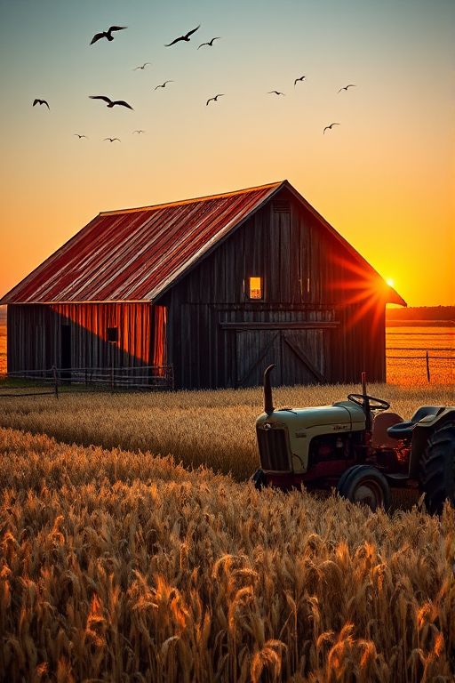 High-contrast image of an old barn in a field of golden wheat, sunset casting long shadows, the roof weathered and worn, a rusty tractor parked nearby, birds flying overhead, a soft breeze visible in the movement of the wheat.