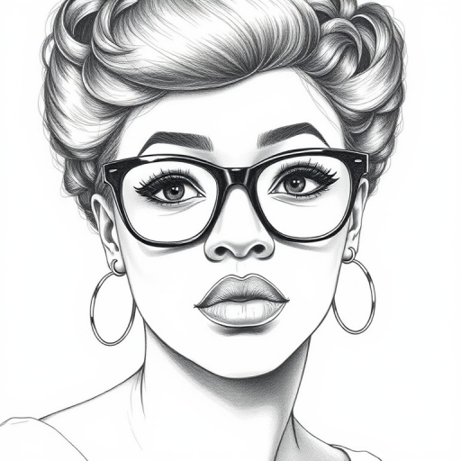 Beautiful Viola Davis, pencil sketch, portrait of beautiful woman 60s in glasses, hair style beatnik, outline, clear lines, fine lines, 8k