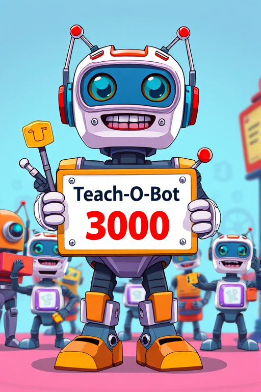 Create a colorful cartoon-style illustration of a friendly robot named Teach-O-Bot 3000 holding a sign with its name, surrounded by smaller robot helpers, all interacting and holding various educational tools, shot from a low angle perspective, using a digital camera with a wide aperture of f/2.8, 50mm focal length, ISO 100, and vibrant post-processing for enhanced image quality.