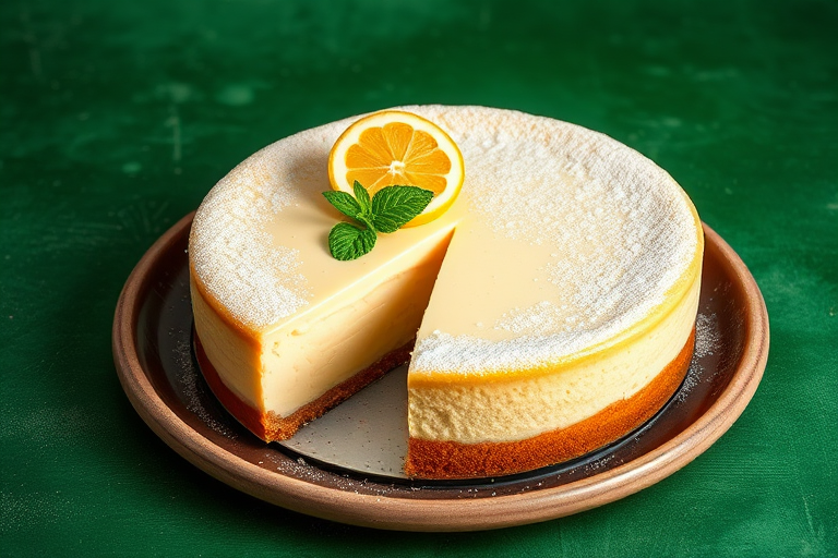 Create an image of a lemon cheesecake on a rustic plate with a slice removed revealing its creamy texture. The cheesecake should have a smooth top with a light dusting of powdered sugar and be garnished with a slice of lemon and fresh mint leaves. The background should be a textured green surface to enhance the vibrant colors of the cake.