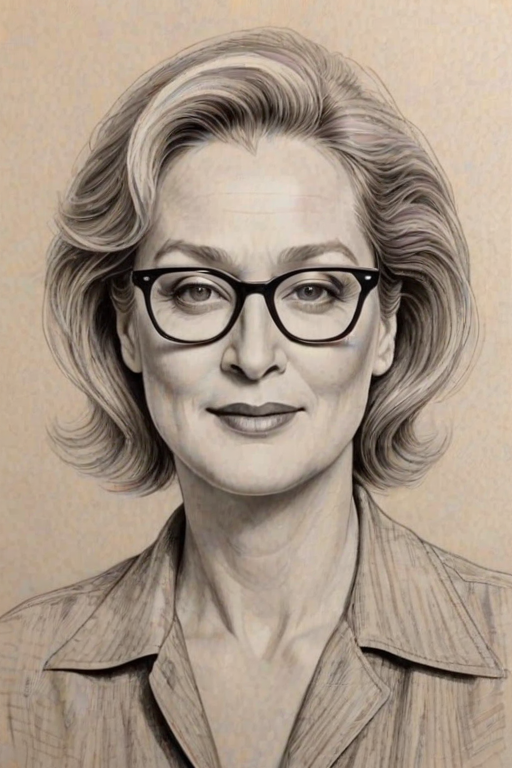 Pleasing Meryl Streep, pencil sketch, portrait of Appealing woman 1928s in glasses, hair style beatnik, outline, clear lines, fine lines, 8k
