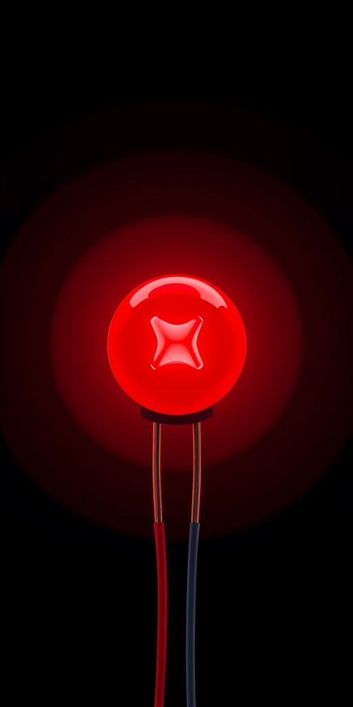 Create an illustration of a red LED light with two lead wires against a dark circular background, using a 50mm lens, f/2.8 aperture, ISO 100, top-down view, digital art style.