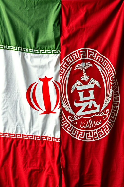 Create a high-resolution image of a draped flag combining elements of Iran and Afghanistan with intricate detailing, shot in natural light using a DSLR camera at f/8 aperture, ISO 100, and a focal length of 50mm from a frontal view to enhance texture and depth.