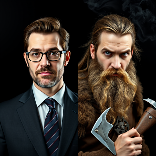 a combination of two pictures of a man in two completely different outfits and makeups. seamless stitched together vertically exactly over the middle of his face. exact same eye level on both sides. The left side shows him as a business person, without beard, wears suit, tie and glasses. The right side of him is wearing no glasses, long hair and beard and is dressed like a viking with a battle axe in his hand. The background is continuously dark with some smoke over both sides. --no visible lines or seams between both sides of the picture