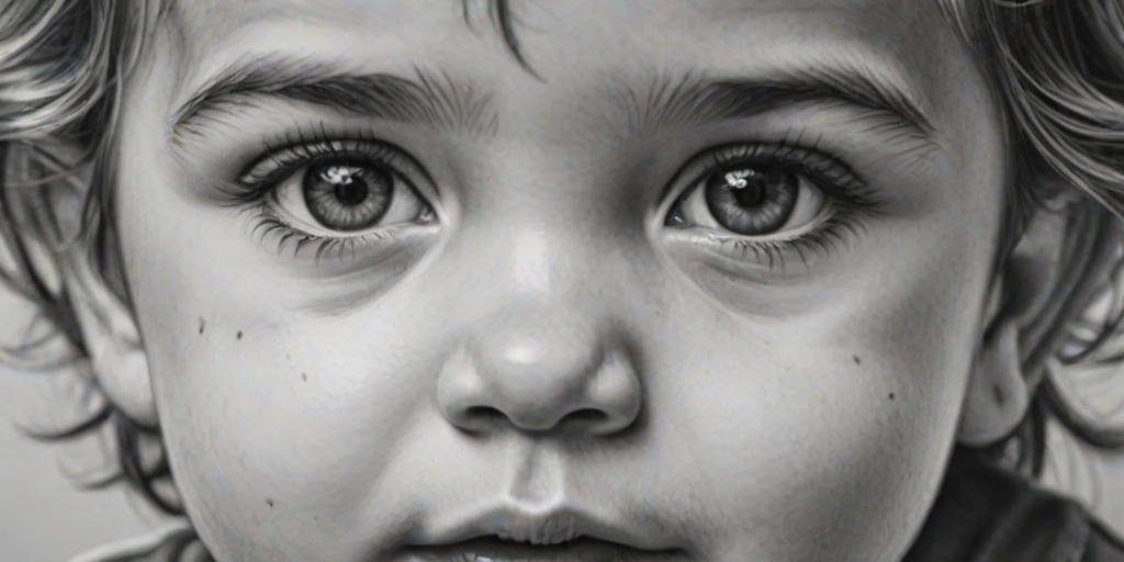 A hyperdetailed photorealistic black and white sketch of a beautiful toddler with deep black eyes, with a macro focus
