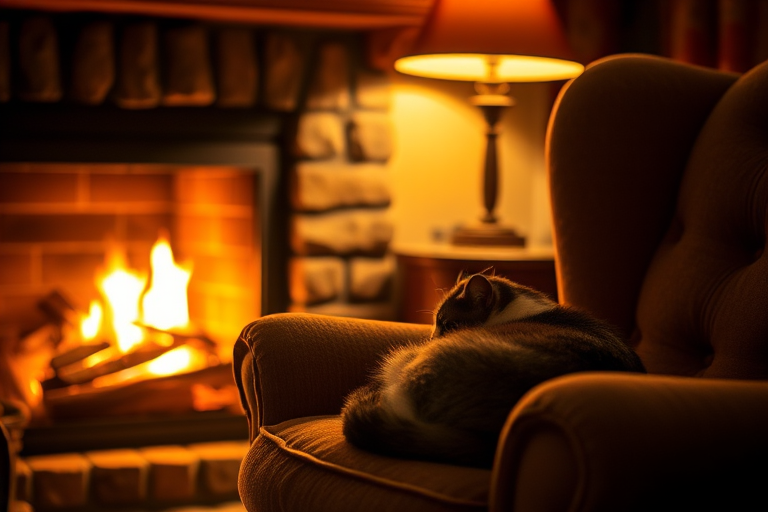 Warmly lit close-up of a cozy living room scene, with a roaring fire in the fireplace, a cat curled up on a plush armchair, and soft light from a nearby lamp casting a warm glow.