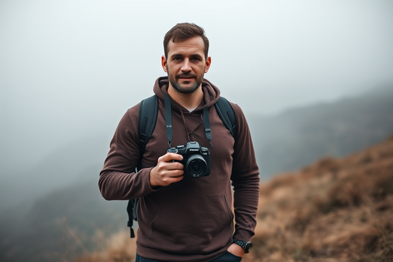 portrait of a man holding a camera standing on a hillside with a misty landscape in the background, taken with a Canon EOS R5, 85mm lens, f/1.8, ISO 100, shutter speed 1/500s, natural light, shallow depth of field