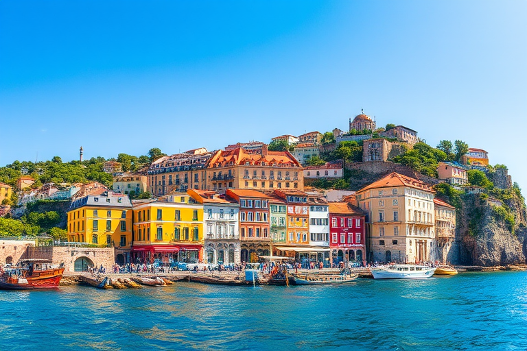 Coastal town with colorful buildings on a hillside, clear blue sky, vibrant waterfront, sunny day, shot with a DSLR camera at f/8, ISO 100, 24mm lens, wide-angle view, high dynamic range.