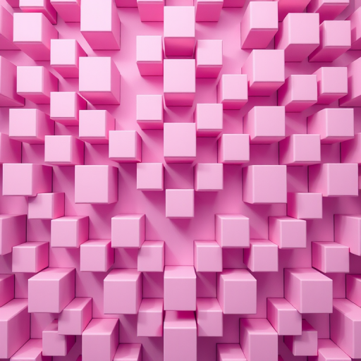Create a high-resolution image of repeating 3D cubes in a gradient of soft pink and lavender, ensuring sharp edges and subtle shading, using a Canon EOS 5D Mark IV camera with a 50mm lens at f/8, ISO 100, and a 1/100s shutter speed, capturing a symmetrical top-down view with enhanced contrast and clarity.