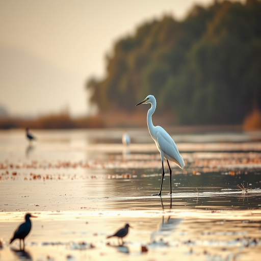 Create a serene landscape image featuring a white heron standing majestically in shallow water, with a dark bird and a smaller bird in the foreground, shot using a Canon EOS R5 with a 85mm lens, aperture set to f/2.8 for background blur, ISO 100, shutter speed 1/200s, in natural light during the golden hour for soft lighting and enhanced color depth.