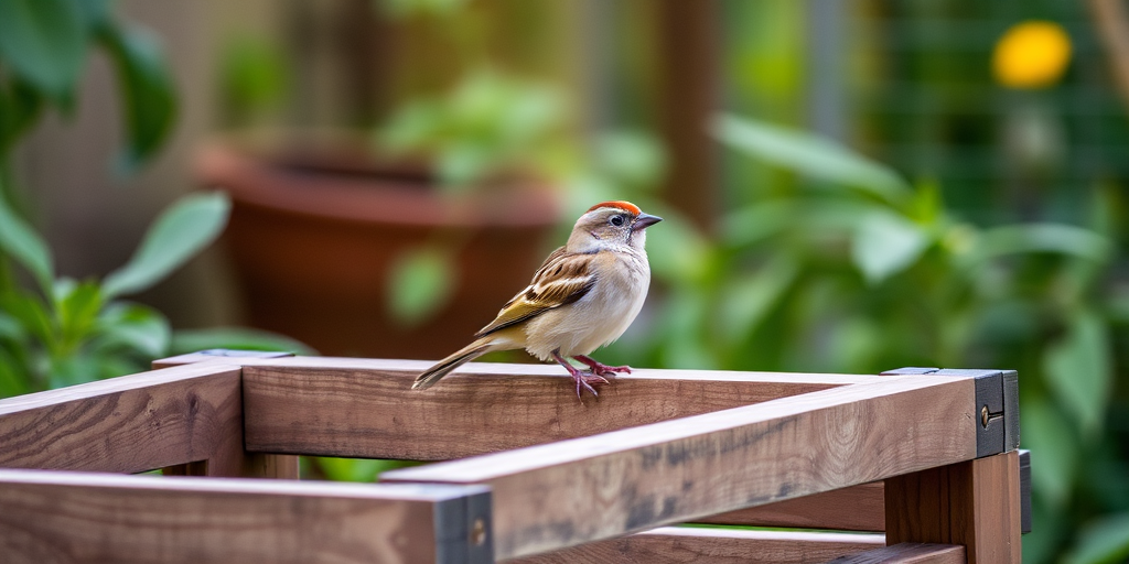 A sparrow perched on a wooden crate in a garden setting, shallow depth of field, natural light, 50mm lens, f/2.8 aperture, ISO 100, captured with a DSLR camera.