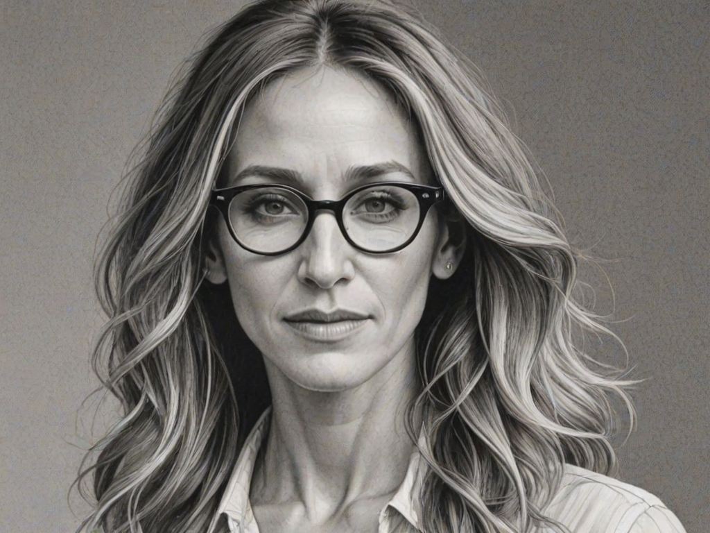 Superb Sarah Jessica Parker, pencil sketch, portrait of Appealing woman 1944s in glasses, hair style beatnik, outline, clear lines, fine lines, 8k