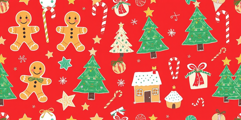 Create a seamless pattern featuring festive holiday elements on a red background include gingerbread men candy canes Christmas trees stars bells and small houses in a whimsical hand-drawn style