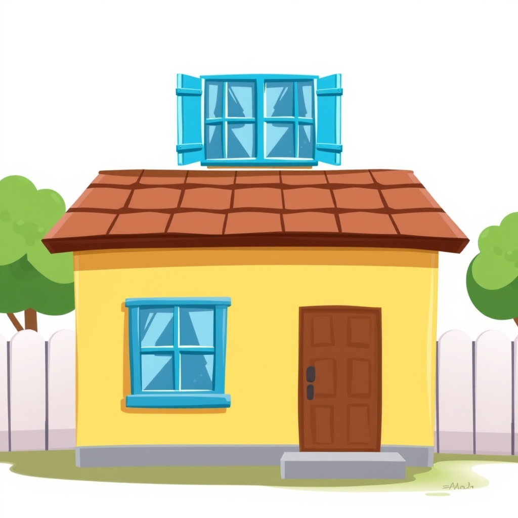 Generate a high-quality illustration of a simple cartoon house with a yellow exterior, a brown roof, two blue windows, and a brown door, using a digital painting style, soft lighting, 50mm lens, f/2.8 aperture, and 300 dpi resolution.