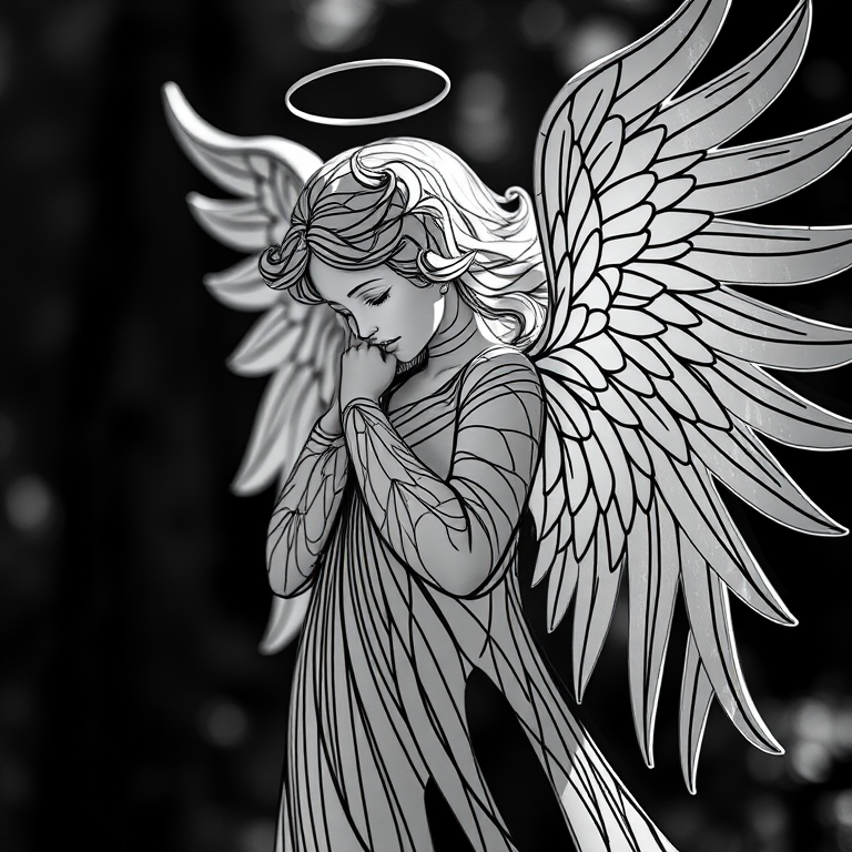 Create a high-contrast black and white abstract image of a stylized angel with intricate lines, using a Canon EOS 5D Mark IV with an aperture of f/4.0, ISO 100, 50mm lens, natural light for soft shadows, with a blurred background to emphasize the details of the angel.