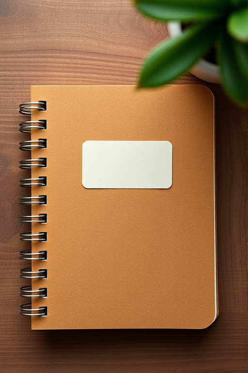 create a high-resolution image of a closed brown spiral notebook with a label on the cover, shot from a top-down view using a DSLR camera with a 50mm lens, aperture f/2.8, ISO 100, natural lighting, and a shallow depth of field for a soft background effect