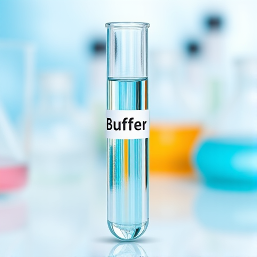 Create a high-resolution illustration of a laboratory test tube labeled 'Buffer', using a DSLR camera type with a 50mm lens, f/2.8 aperture, ISO 100, and a shallow depth of field for enhanced focus on the test tube against a blurred background.