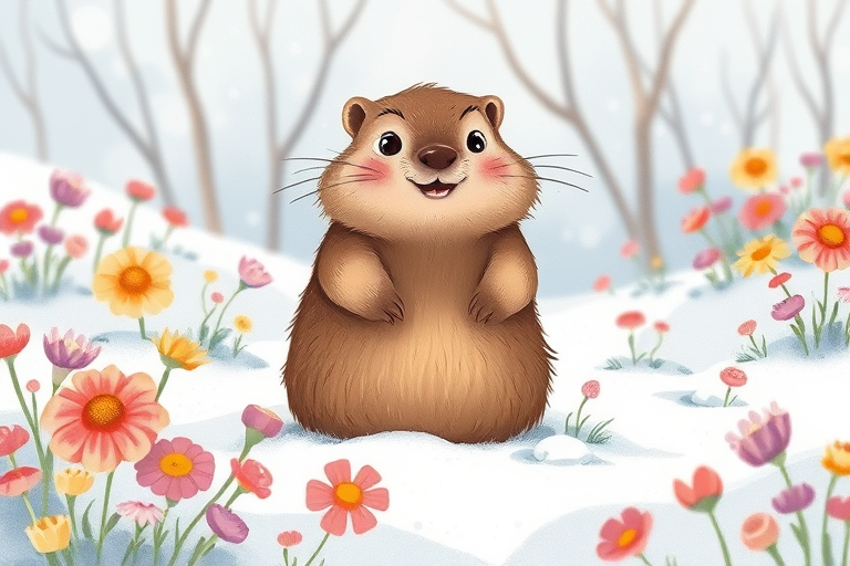 Create a whimsical illustration of a cheerful groundhog standing in a snowy landscape surrounded by vibrant flowers, using a DSLR camera with a 50mm lens, f/2.8 aperture, ISO 100, 1/250 sec shutter speed, in a soft-focus style for a dreamy effect.