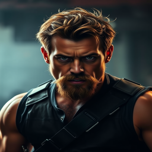 realistic lighting, photo, photorealistic, portrait of rugged man, brown hair, thick moustache, intense expression, wearing a black leather vest, muscular build, shoulder harness, dramatic lighting, gritty and tough