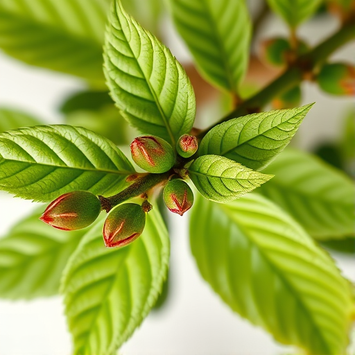 Create a high-resolution botanical illustration of a green plant branch with detailed leaves and buds, capturing vibrant greens and contrasting colors, using a macro lens setting, ISO 100, aperture f/2.8, natural lighting, and a DSLR camera, top-down camera view for enhanced texture and clarity.