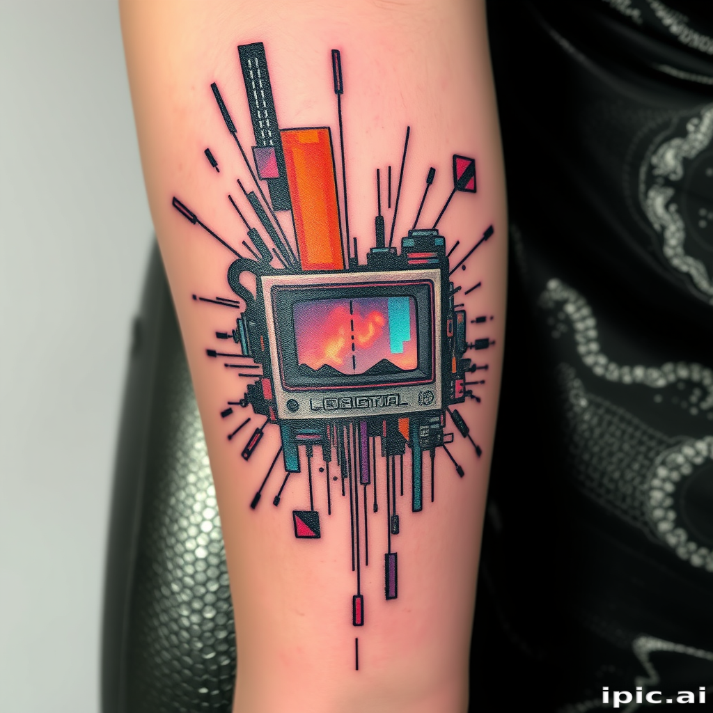 Glitch art tattoo called "Digital Disruption" incorporating pixelated elements and distorted imagery to create a unique cyberpunk-inspired design that appears to malfunction