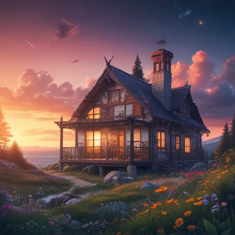 Charming Rustic Cottage Surrounded by Lush Meadows and Vibrant Flowers ...